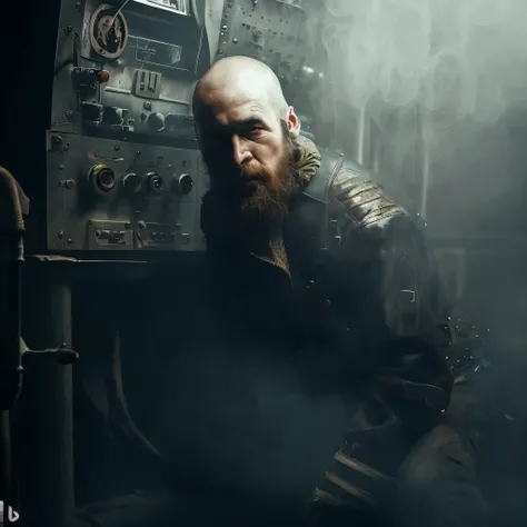 there is a man with a beard and a leather jacket, tuomas korpi and wlop, cinematic portrait, character photography, cinematic gritty lighting, soviet style cyberpunk, cyberpunk old man, cyberpunk style ， hyperrealistic, photorealistic dark concept art, hyp...