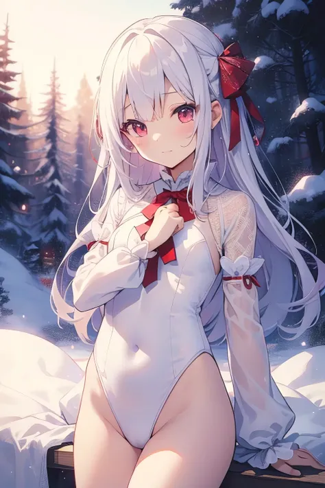 Beautiful illustration、top-quality、cute petit girl、(transform sequence)、magical little girl、((white  leotard))、highleg、Chibi、白いmagical little girl、Fractal Art、albino、baby-face、long snow-white and red mesh hair,,,,,,,、Beautiful detailed red eyes、lighting li...