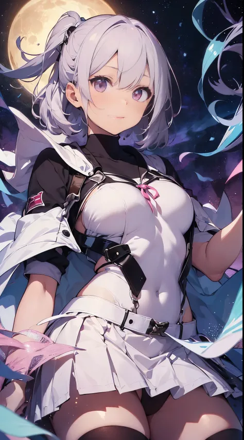 One lady,25-years old,((White hair) ,((())), (()), (())((Im opening my mouth)),((White microskirt,pink bodysuit and short white cloak)),,(A dark-haired,),((Fantasy,Moon Night))((Clothes are torn))