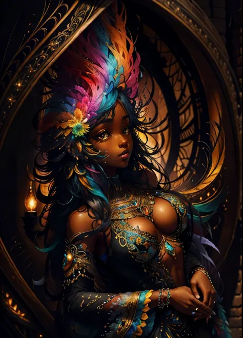 colorhalf00d,, top-down view of a gabrielle uniyon, black woman, feathers, acceptance vibrant, beautiful, intricate, detailed