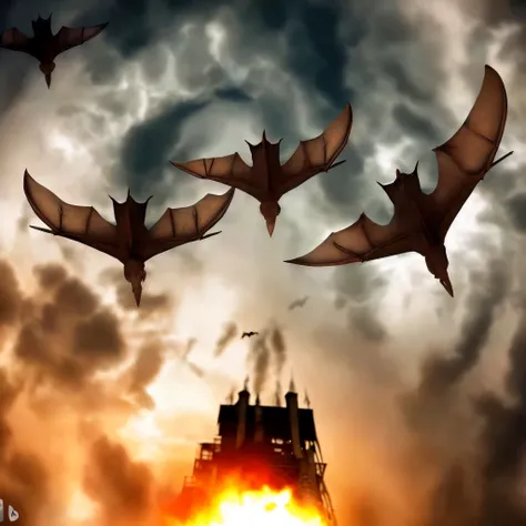 there are three bats flying in the sky above a building, bats in sky, bats flying away from castle, dragons flying in the sky, swarm of bats, flying bats, wraiths riding in the sky, bats, vampire bats, dragons flying around, with pterosaurs flying, dragon ...