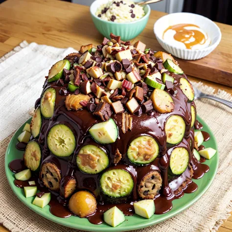 zucchini, bacon, chocolate chip, cake, caramel syrup, apples