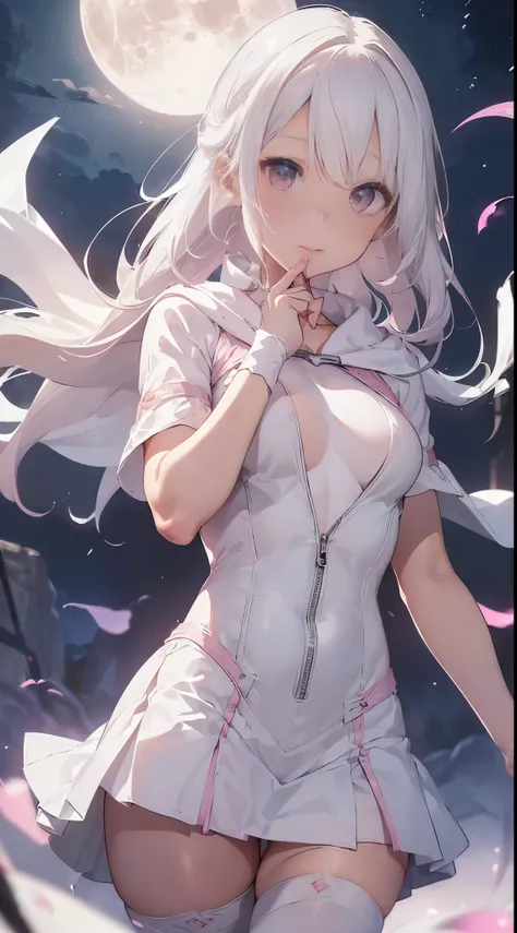 One lady,25-years old,((White hair) ,((())), (()), (())((Im opening my mouth)),((White microskirt,pink bodysuit and short white cloak)),,(A dark-haired,),((Fantasy,Moon Night))((Clothes are torn))