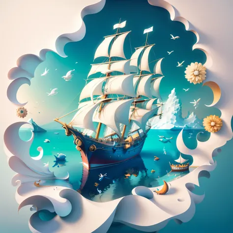 Sail ships, driving in the sea, Three-dimensional sculpture and artistic creation combined into one, Using 3D stereoscopic rendering technology, Gradient color scheme from white to light blue, Use 4K resolution, Uses and natural ingredients, and using whit...