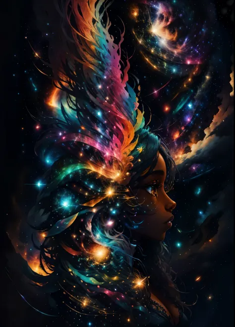 colorhalf00d,, top-down view of a gabrielle uniyon, side profile, black woman, feathers, clouds, acceptance, starry, sky background