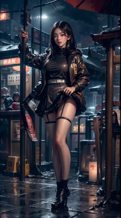 ((8K，tmasterpiece，Best quality，hyper-detailing，realistically))，Extremely detailed face，电影灯光，电影灯光，ray traycing，unlit hair， On cloudy streets，Corner store，Bus stop，Torrential rain and heavy rain，Girl with long black hair and black eyes.。(She was wearing a re...