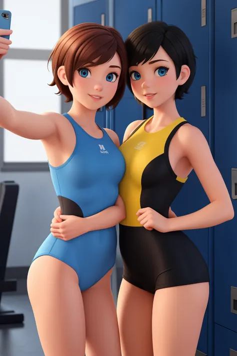 4 girl with short short hair and blue eyes, young looking, leotard, gym locker room. 3d cartoon with accurate proportions, taking selfie kissing each other, group hug