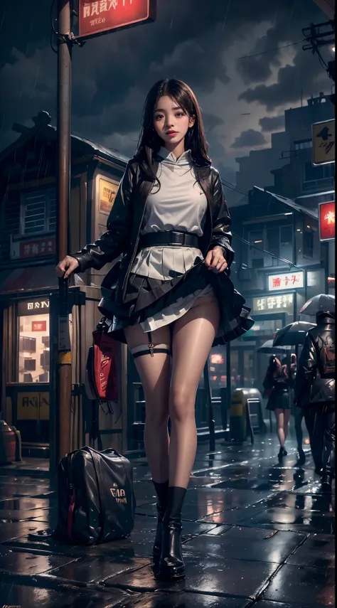 ((8K，tmasterpiece，Best quality at best，hyper-detailing，realistically))，Extremely detailed face，电影灯光，电影灯光，Ray traching，unlit hair， on a cloudy street，Corner store，Bus stop，Torrential rain and heavy rain，Girl with long black hair and black eyes.。(She was wea...