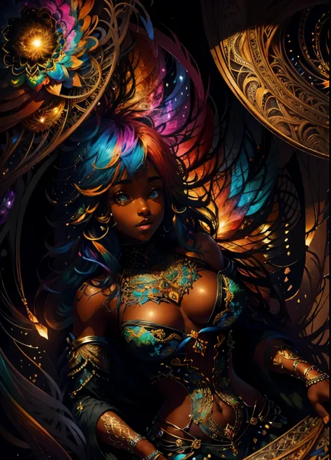 colorhalf00d,, top-down view of a gabrielle uniyon, black woman, feathers, acceptance vibrant, beautiful, intricate, detailed