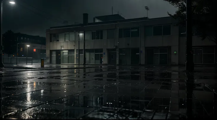 (best quality, UHD, HDR, ultra-realistic, rain), eerie hospital seen from the street at night, detailed raindrops on windows and pavement, dimly lit exterior, creepy atmosphere, spooky shadows, wet and reflective surfaces.