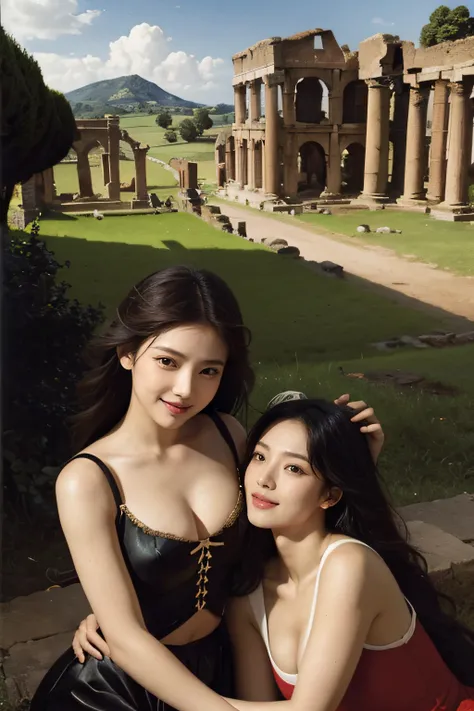 Ancient Roman ruins,Poussin-style landscape,A smile,,Sweet and seductive appearance.、Caravaggios paintings、Chiaroscuro of Caravaggio、Hair disheveled in the wind,Two women frolicking,Cute smile, Expression of ecstasy,A sexy,Erotic