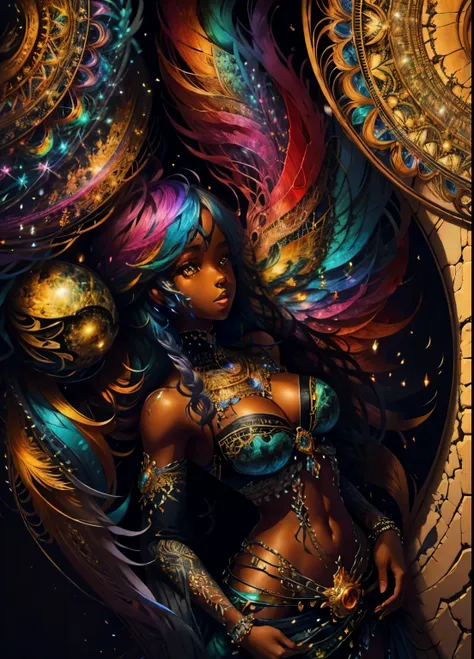 colorhalf00d,, top-down view of a gabrielle uniyon, black woman, feathers, acceptance vibrant, beautiful, intricate, detailed