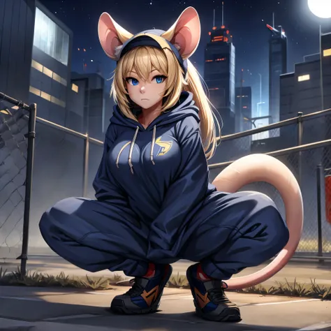 (Masterpiece) (High Detail) (High Res) A short humanoid girl with blue eyes and long blonde hair and blonde mouse ears and a short thin mouse tail and average breasts. She is breaking through the security fence outside a modern laboratory building. It is n...