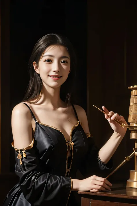 female mathematician,Ancient Greek costumes,Astronomical machinery,antique,A smile,,Sweet and seductive appearance.、Caravaggios paintings、Chiaroscuro of Caravaggio,,Cute smile, Expression of ecstasy,erotick,A sexy