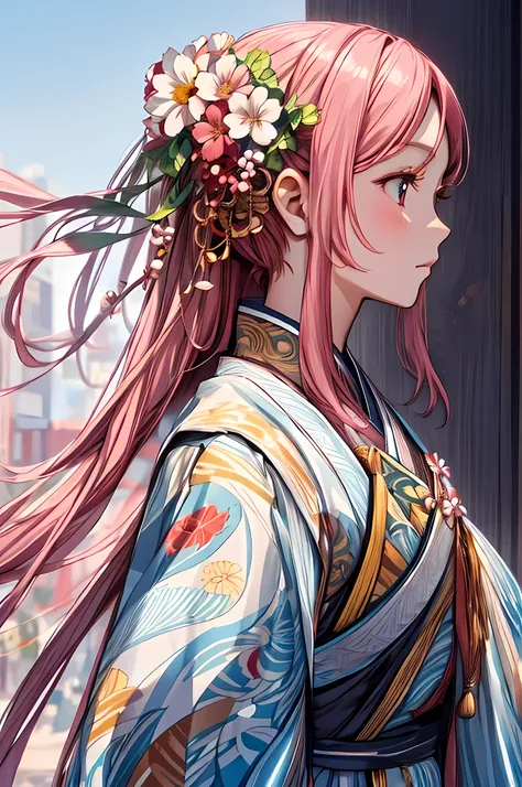 cute japanese girl, pink hair, golden eyes, with colorful flower as hair ornament, detailed intricate clothes, (masterpiece)