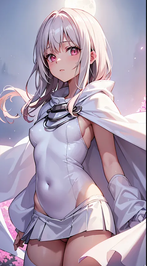 One lady,14years,((White hair) ,((())), (()), (())(()),((White microskirt,pink bodysuit and short white cloak)),,(A dark-haired,),((Fantasy,Moon Night))((Clothes are torn))