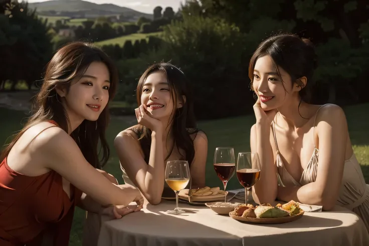 dinner party,Ancient Roman landscape in the style of Poussin,A smile,,Sweet and seductive appearance.、Caravaggios paintings、Chiaroscuro of Caravaggio、Hair disheveled in the wind,Two women frolicking,Cute smile, Expression of ecstasy,A sexy,erotick