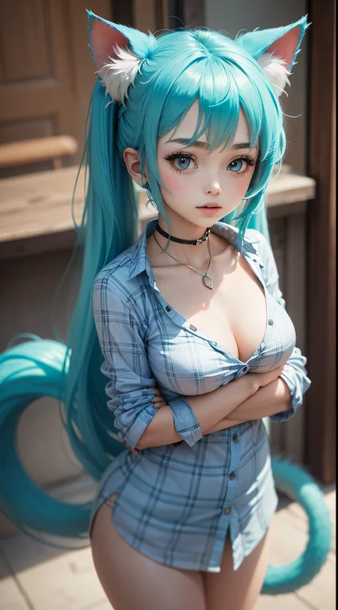 Girl with long hair, Two long tails, turquoise hair, Checkered shirt, gouweiza style, Miku Hatsune, protruding nipples, neckline on the chest, cat pose, little chest