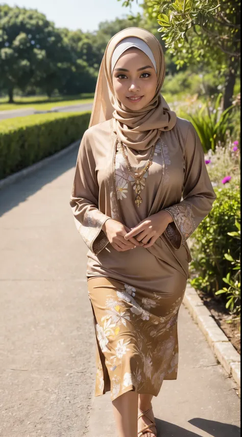 RAW, Best quality, high resolution, Masterpiece: 1.3), Beautiful Malay woman in hijab, Masterpiece, Perfect body, Beautiful big eyes, watery eyes, Soft smile, wet lips, big breast, ((wearing a tight light brown Malay shirt with floral motifs, batik, with a...