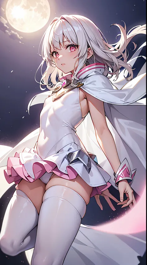 One lady,14years,((White hair) ,((())), (()), (())(()),((white microskirt,pink bodysuit and short white cloak)),,(A dark-haired,),((Fantasy,Moon Night))((Clothes are torn))