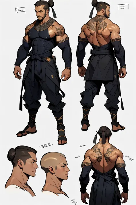 (realistic:1.3), insane detailed, quality, (masterpiece:1.2), (photorealistic:1.2), (best quality), (detailed skin:1.3), (intricate details), ray tracing, ((1male)), 40 years old, long bun hair, muscular, thai outfit, (blurred background), character design...