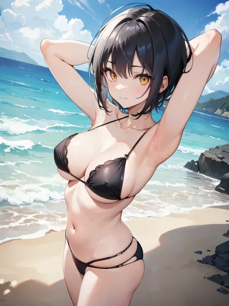 ((masterpiece, best quality)), High resolution, distinct image, (anime style:1.2), flat color, painting (1girl), (solo), (female Focus), dynamic pose ((nsfw)), smile, (black bikini), Beautiful girl with gray hair, (short hair), (gray short hair 1.2), (yell...