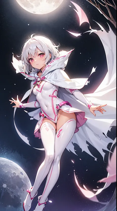 One lady,14years,((White hair) ,((())), (()), (())(()),((White microskirt,Shiny pink bodysuit and short white cloak)),,(,),((Fantasy,Moon Night))((Clothes are torn))