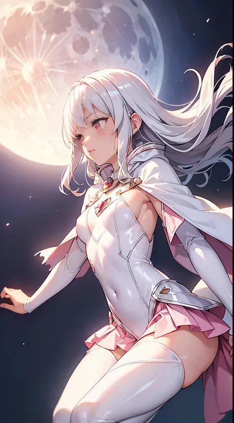 One lady,14years,((White hair) ,((())), (()), (())(()),((White microskirt,Shiny pink bodysuit and short white cloak)),,(,),((Fantasy,Moon Night))((Clothes are torn))