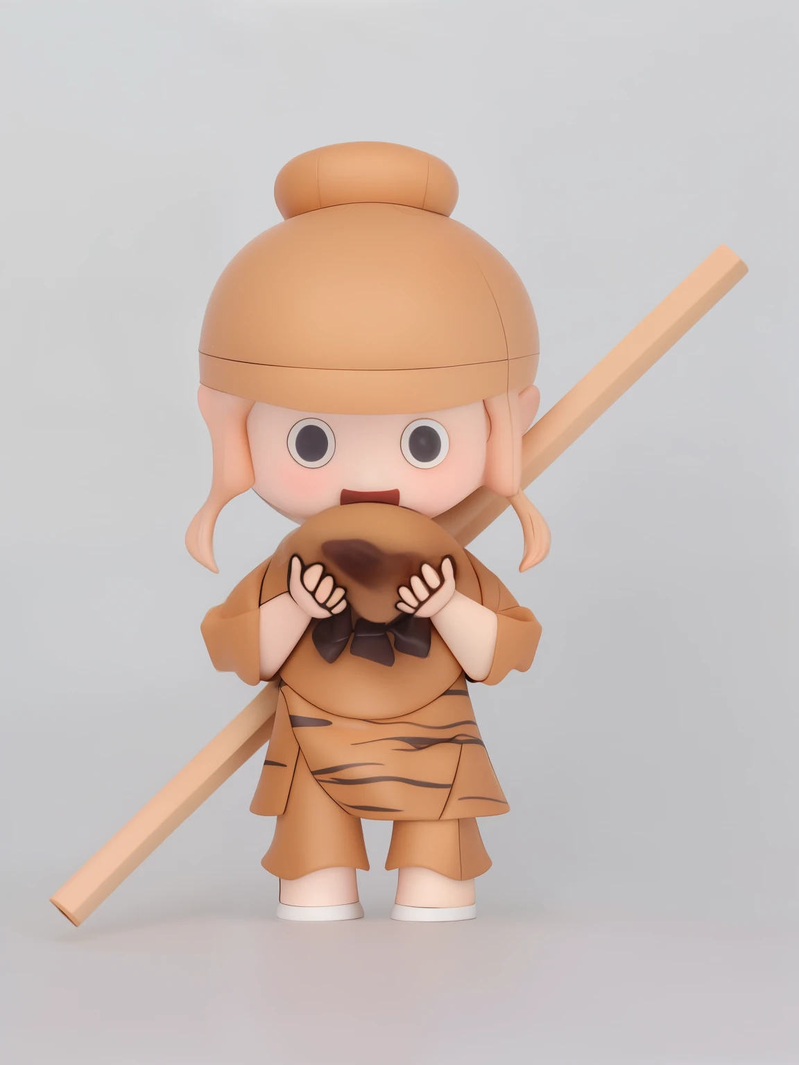 Blind box style，A boy with，Holding sesame seeds。Wear a bandana，Carrying a stick，Wearing a tiger skin skirt and，trouser