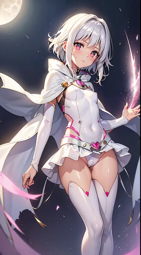 One lady,14years,((White hair) ,((())), (()), (())(()),((white microskirt,Shiny pink bodysuit and short white cloak)),,(,),((Fantasy,Moon Night))((Clothes are torn))