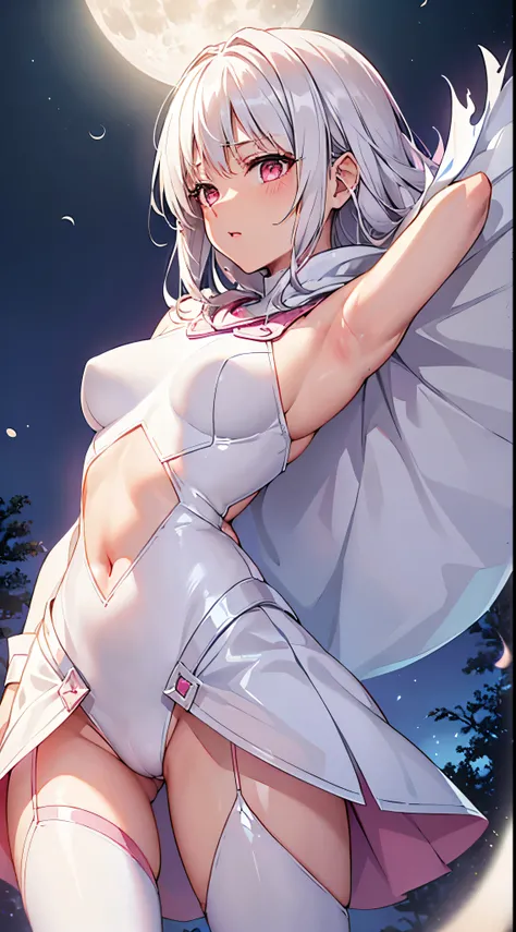 One lady,14years,((White hair) ,((())), (()), (())(()),((white microskirt,Shiny pink bodysuit and short white cloak)),,(,),((Fantasy,Moon Night))((Clothes are torn))