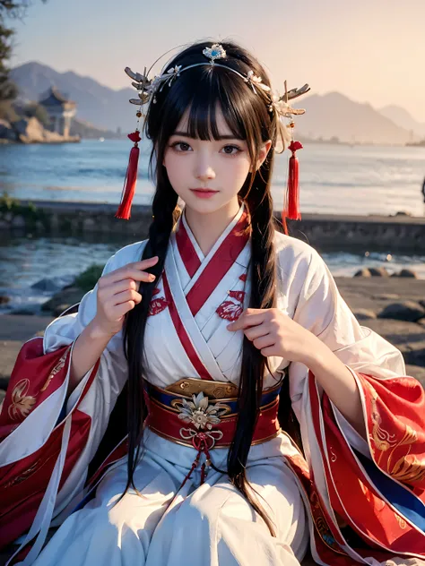 closeup on face, female pubic hair, Chinese wind, ancient wind, red color Hanfu, Seated position, long long hair, Delicate clothing patterns, elegant, ornate, elegent, seas, Red ribbon, Water magic, Water, Sense of brokenness, liuli, The underwater world, ...