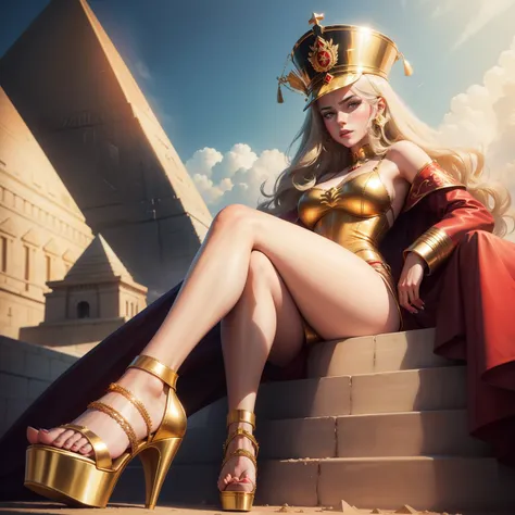 Soviet princess wears gold high-heeled sandals，Step onto the pyramids，leather whip，thick thight，sexy high heels