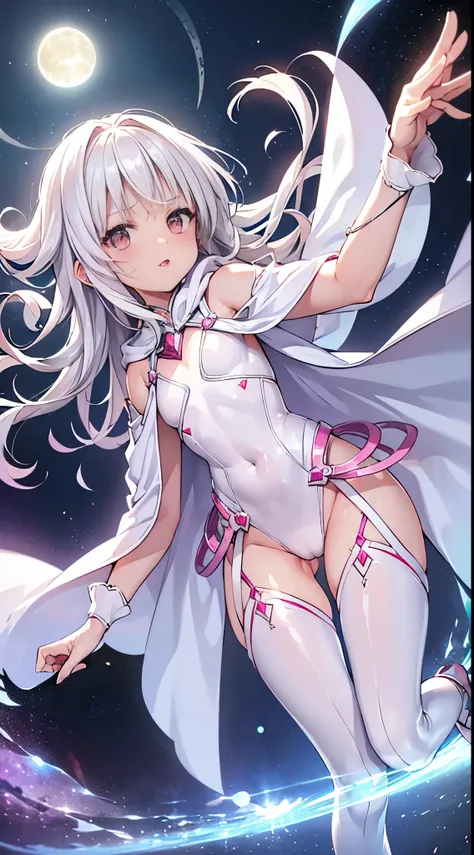 One lady,14years,((White hair) ,((())), (()), (())(()),((White microskirt,Shiny pink bodysuit and short white cloak)),,(,),((Fantasy,Moon Night))((Clothes are torn))