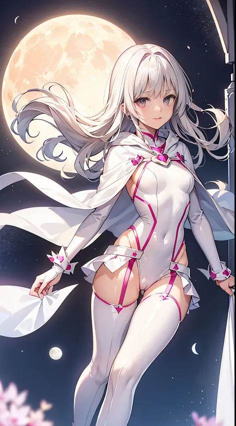 One lady,14years,((White hair) ,((())), (()), (())(()),((White microskirt,Shiny pink bodysuit and short white cloak)),,(,),((Fantasy,Moon Night))((Clothes are torn))