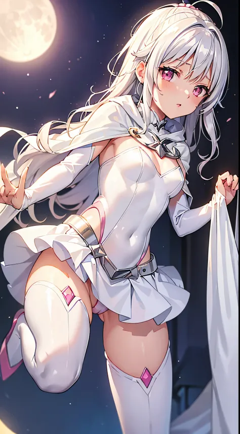 One lady,14years,((White hair) ,((())), (()), (())(()),((white microskirt,Shiny pink bodysuit and short white cloak)),,(,),((Fantasy,Moon Night))((Clothes are torn))