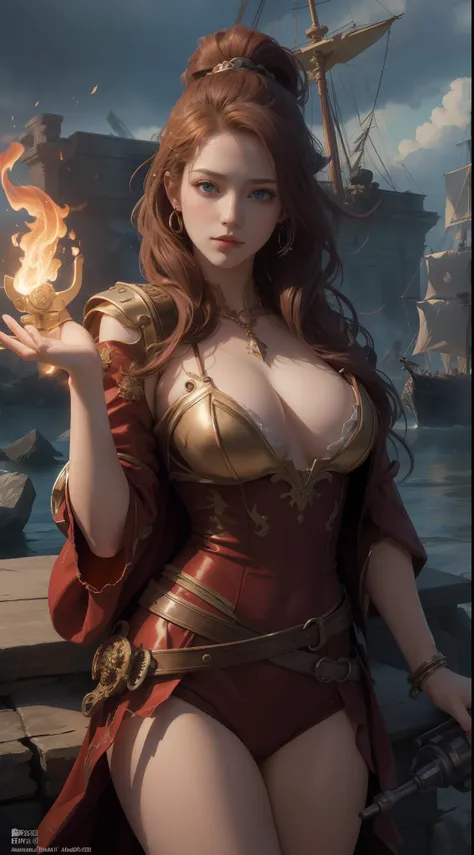 tmasterpiece，Highest image quality，Beautiful bust of a noble pirate girl，Exquisite red super short hairstyle，tying  hair，Clear golden eyes，Hand-held fire hammer，Age of Discovery Pirate Suit，Ultra-detailed details，advanced。At the Pixiv Art Station，Break you...