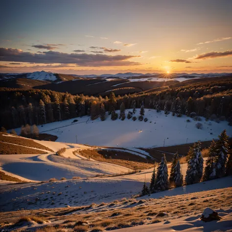 sunset in winter: Stunning combination of warm shades with cold., shiny sky, Casting a calming light over the landscape..