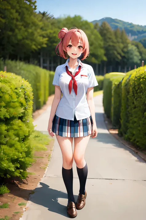 1girl, Yuigahama Yui, school uniform, standing, smile, garden background, Full body , sobu high school uniform