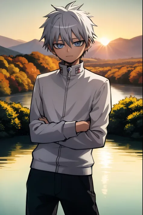 personagem de anime em frente a um lago com montanhas ao fundo, Killua Zoldyck Retrato, Arte Oficial, Kaworu Nagisa, cara de anime alto com olhos azuis, inspirado em Akihiko Yoshida, Arte digital de Danganronpa, inspired by Munakata Shikō, killua zoldyck c...