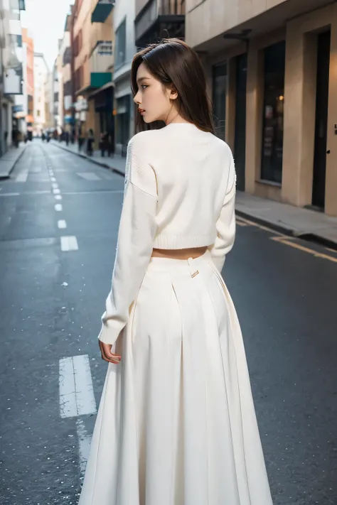 Real and beautiful back view，Wearing a white long-sleeved sweater，dressed in a long brown dresackground street