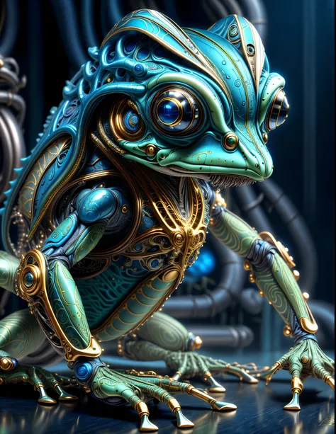 there was a blue frog with gold and blue patterns on it., cyberpunk frog, zbrush color rendering, zbrush contest winners, very d...