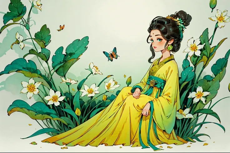 1 Sister, Alone, looking at viewert, face flushed, Background with, black hair color hair, hair adornments, longer sleeves, white backgrounid, Eternal, Full body lesbian, Green set, , flowers blooming, hairflower, hair-bun, butterflys, tmasterpiece, recent...