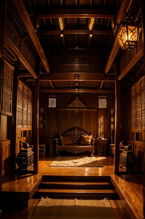 Javanese local realistic traditional house of joglo, many javanese style art of woodcrafting, photographic realistic arts, detailed ornament, detailed interioring, detaile of atmosphere lighting