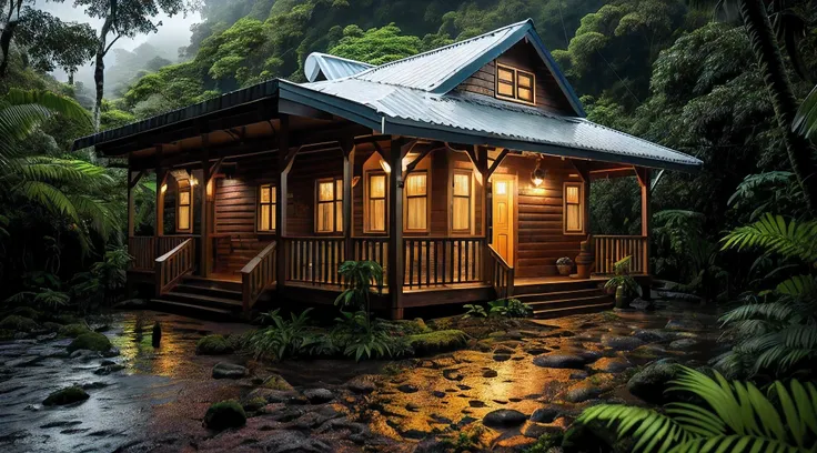 vintage wooden house, lush small house, beautiful house, night, lights on, costa rica green rainforest, heavy rain falling on th...