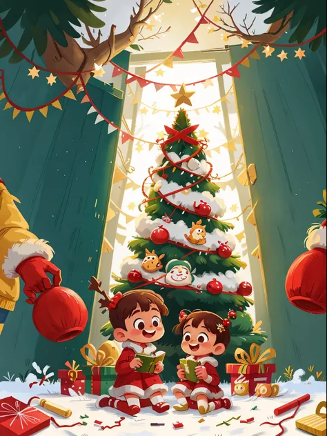 Winters，Christmas illustration，Two children decorating Christmas tree，gifts，cheerfulness的，Smiling，cheerfulnesedium shot，8K