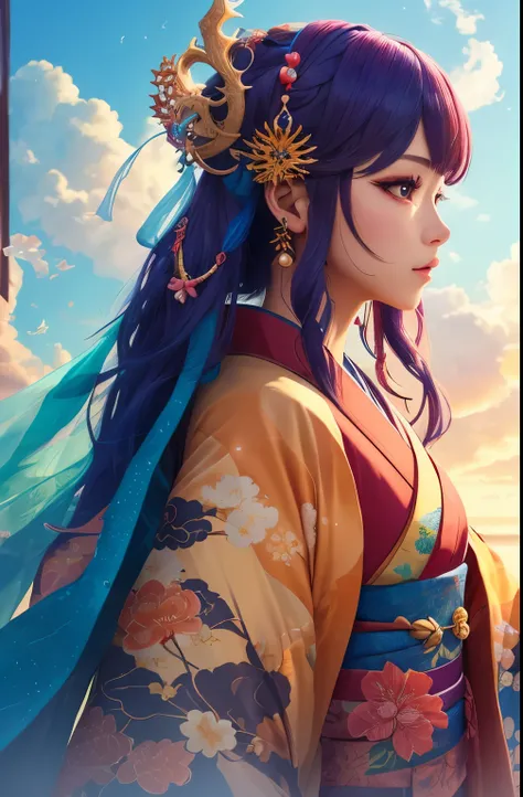 1girl, Colorful Kimono, Colorful hair ornaments, The background is a cloud-and-dragon pattern, (best quality, masterpiece, highres:1.3), detailed,