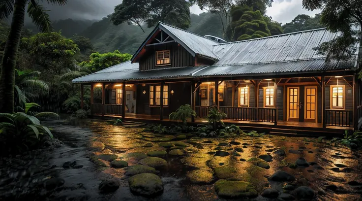 vintage wooden house, lush small house, beautiful house, night, lights on, costa rica green rainforest, heavy rain falling on th...