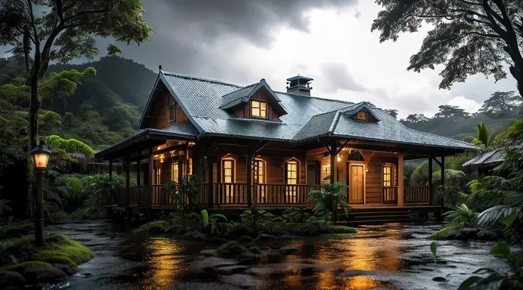 vintage wooden house, lush small house, beautiful house, night, lights on, costa rica green rainforest, heavy rain falling on th...