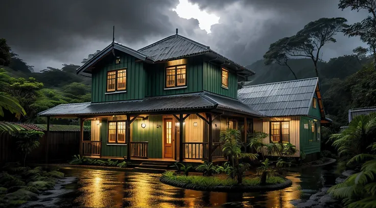 vintage wooden house, lush small house, beautiful house, night, lights on, costa rica green rainforest, heavy rain falling on th...